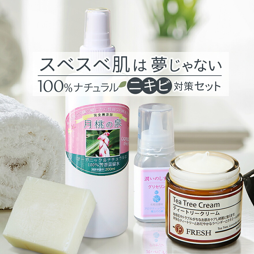 【4点セット】ニキビ対策セット 大人ニキビ 思春期ニキビ メンズニキビ 毛穴ケア 毛穴詰まり 吹き出物 ティートリー ティーツリー teatree オーガニック セサミソープ 固形石けん 月桃化粧水 ティートリークリーム 角質ケア 乾燥対策 インナードライ 低刺激 敏感肌 無添加
